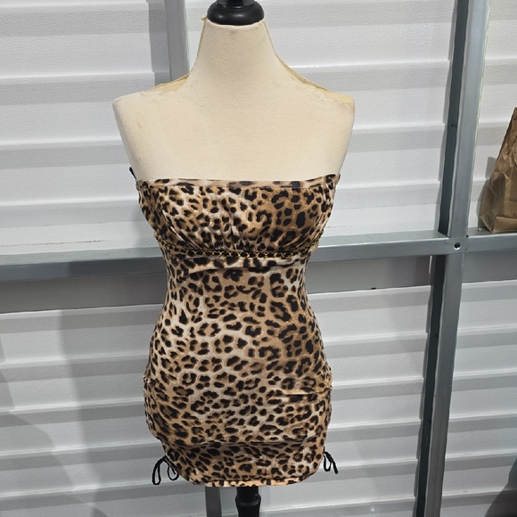 Guess Strapless Ruched Bodycon Dress in Brown and Tan Leopard Print Size‎ Mediun - Picture 1 of 15